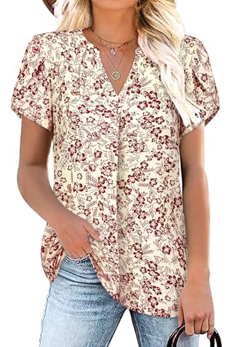Siddhe Damen Bluse Elegant Festlich Tunika Kurzarm T-Shirts Longbluse für Frauen Elegant Sommerbluse Longshirt Locker Oberteile Formel Bluseshirt, Beige Rot Blumen M von Siddhe