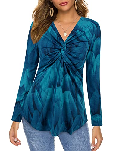 Siddhe Damen Bluse Elegant Tunika Damen V-Ausschnitt A-Linie Longtunika Langarmshirt für Frauen Sexy Twist Knoten Shirt Herbst Winter Longshirt Baumwoll Oberteile Tops, Pfauenblau M von Siddhe