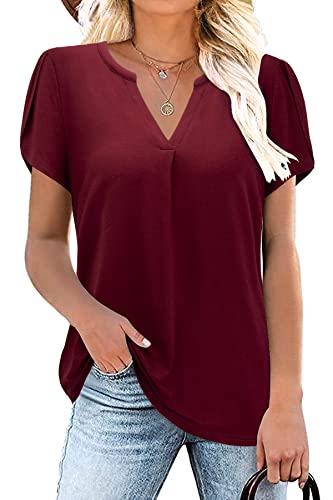 Siddhe Damen Bluse Elegante Festlich Weinrot Longbluse Kurzarm Tunika Shirt mit Blütenblatt Ärmel V-Ausschnitt Blusenshirt Sommerblusen Leicht Elegant Business Locker Oberteile, XL von Siddhe