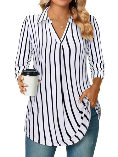 Siddhe Damen Bluse Tops Elegant Longbluse 3/4 Ärmel Oberteile V-Ausschnitt Tunika Gestreift T-Shirt A-Linie Locker Arbeit Longshirt Lässige Business Shirt Mode Hemd Büro Damenblusen,Weiß Streifen XXL von Siddhe