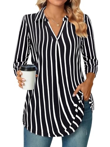 Siddhe Damen Bluse Tops Elegant Longbluse 3/4 Ärmel Oberteile V-Ausschnitt Tunika T-Shirt A-Linie Locker Arbeit Longshirt Lässige Business Shirt Mode Hemd Büro Damenblusen,Schwarz-Gestreift XXL von Siddhe