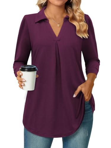 Siddhe Damen Bluse Tunika 3/4 Ärmel Oberteile Arbeits T-Shirt V-Ausschnitt Elegant Festliche Longshirt Damenblusen Casual Office Tops Frühling Herbst Shirt mit Leggings 2024 Kleidung Mode Weinrot, M von Siddhe