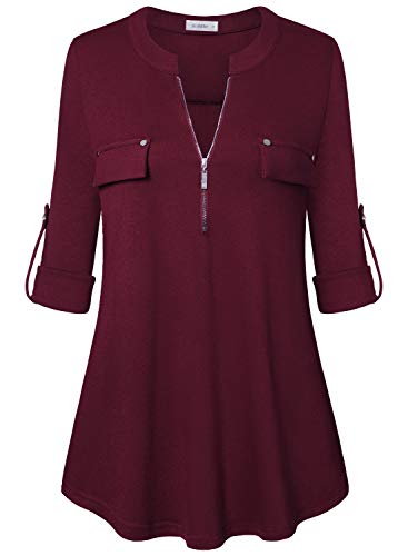 Siddhe Damen Bluse Tunika T-Shirt Elegant 3/4 Ärmel Tops A-Linie Shirt Casual Oberteil Für Leggings Longshirt V-Ausschnitt Reißverschluss Blusenshirt Business Outfit Hemd Weinrot,M von Siddhe