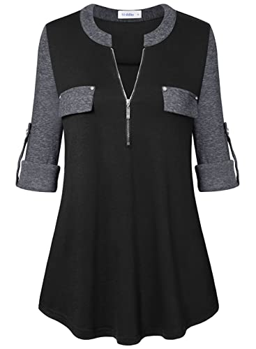 Siddhe Damen Einfarbig V-Ausschnitt Bluse Reißverschluss T-Shirt Oberteile 3/4 Ärmel Tunika Hemd Elegant Casual Longshirt Flowy Tops Office Blusen Shirt Schwarz-Grau,XXL von Siddhe