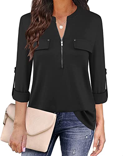 Siddhe Damen Tunika V-Ausschnitt Bluse Elegant Reißverschluss T-Shirt Damen Oberteile 3/4 Ärmel Shirt Blusenshirt Casual Longshirt Business Outfit Damen Tops Schwarz,XXL von Siddhe