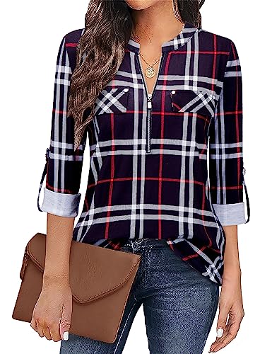 Siddhe Damen Einfarbig V-Ausschnitt Bluse Reißverschluss T-Shirt Oberteile Elegant 3/4 Ärmel Casual Longshirt, Schwarzes Plaid L von Siddhe