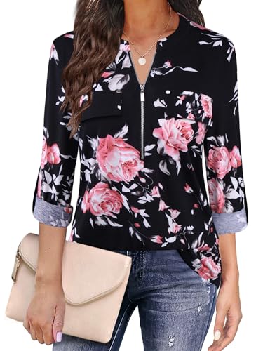 Siddhe Bluse Damen Elegant Festliche V-Ausschnitt Damen Blusen Reißverschluss Longbluse für Frauen Tunika Elegant T-Shirt Oberteile 3/4 Ärmel Casual Longshirt Rose Blumenmuster,Schwarz L von Siddhe