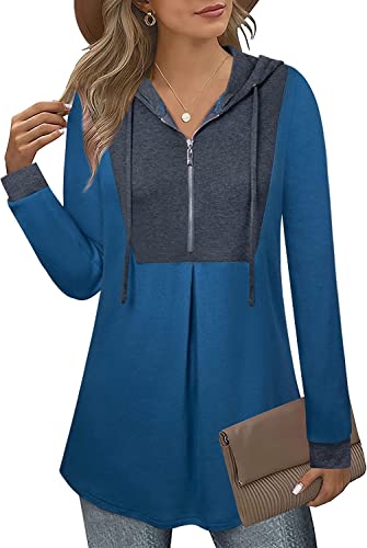 Siddhe Damen Hoodie Farbblock Pullover Kapuzenpullover Tunika Langarm Bluse Pulli mit Kapuzen und 1/4 Zip Sweatshirt Oberteile Reißverschluss Longshirt Locker Tops Casual Lang Shirt, Blau-Grau L von Siddhe