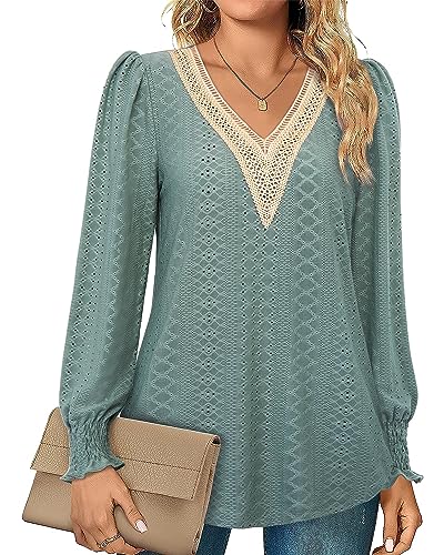 Siddhe Damen Langarmshirt V-Ausschnitt Blusen Damen Pullover Sweatshirt Spitzen Aushöhlen Mittlere Oberteile Tops Lässig Elegante Longshirt Lässig Tunika Casual Long Shirt Damen, Grün von Siddhe