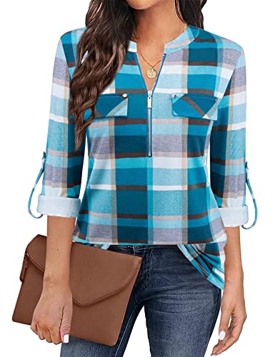 Siddhe Damen Longbluse 3/4 Ärmel Elegant Bluse Kariert Damen Tunika Tops V-Ausschnitt Oberteile Longshirt Damen Blusen A Form T-Shirt Arbeit Hemd Langarmshirts Business Shirt,Hellblau Large von Siddhe