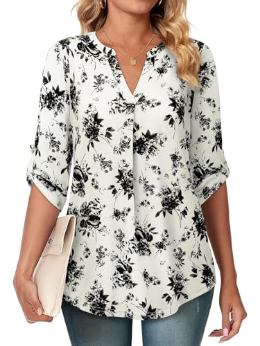 Siddhe Damen Longbluse 3/4 Arm Bluse Festlich Elegant Dreiviertelarm Tunika Shirt Locker Damen Tuniken Blusen Damen Oberteile V-Ausschnitt Langarmshirt Longtunika Freizeit Bluse, Beige Schwarz XL von Siddhe