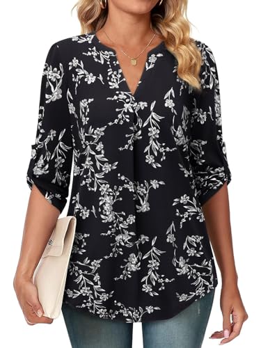 Siddhe Damen Longbluse 3/4 Arm Bluse Festlich Elegant Tunika Shirt Locker Damen Tuniken Schwarz Blusen Damen Oberteile V-Ausschnitt Langarmshirt Freizeit Bluse für Legging, Blumen Weiß Schwarz XL von Siddhe