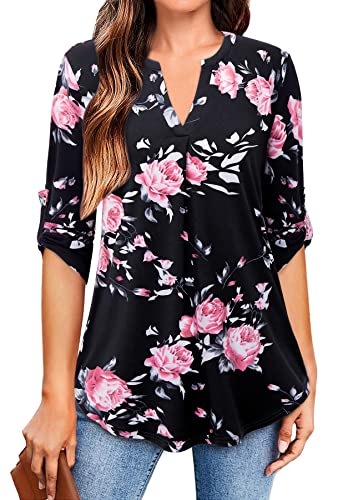 Siddhe Bluse Damen 3/4 Arm Festlich Elegant Musselin Blusenshirt Tunika Große Größen Lang Shirt Locker Schwarz Blusen Oberteile V-Ausschnitt Longshirt Freizeit Rosenmuster XL von Siddhe