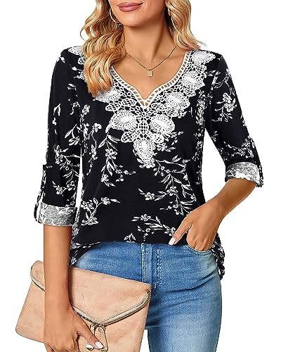 Siddhe Damen Longshirt 3/4 Ärmel Tunika Shirts Elegant Spitze V-Ausschnitt Damen Bluse Tops Spitze Locker Tunika Bluseshirts Elegant Longshirt für Leggings Basic Oberteile, Schwarz XL von Siddhe