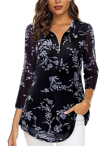 Siddhe Damen Longshirt 3/4 Ärmel Tunika Shirts Elegant V-Ausschnitt Damen Bluse Tops mit Reißverschluss Locker Tunika Mesh Bluseshirts Elegant Longshirt für Leggings Basic Oberteile, Schwarz XL von Siddhe