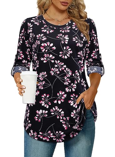 Siddhe Damen Oberteile Schwarze Bluse Damen Elegant Festliche Tshirt 3/4 Arm Longbluse Für Damen Mittlere Oberteile Hemd Damen Lang Tunika Rundals Blusenshirt Lässig Tops Modern, M von Siddhe