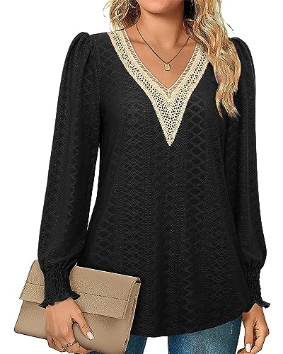 Siddhe Damen Oberteile Schwarze Langarm Bluse Damen Elegant Festliche Tshirt Longbluse Für Damen Mittlere Oberteile Hemd Damen Lang Tunika V-Ausschnitt Blusenshirt Lässig Hohl Tops Modern, M von Siddhe