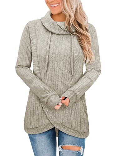 Siddhe Damen Pullover Casual Rollkragen Langarm Strickpullover Lange Pulli Lose Oversize Warme Einfarbig Winter Sweater Gestrickt Oberteil, Beige L von Siddhe