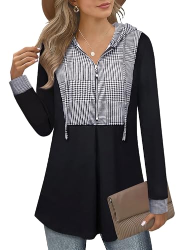Siddhe Damen Pullover mit Reißverschluss Hoodie Tunika Langarm Kapuzenpullover Oberteile Pulli mit Kapuzen Longshirt Sweatshirt A-Linie Locker Lange Bluse, Hahnentritt XXL von Siddhe
