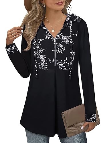 Siddhe Damen Pullover Elegant Longpullover für Damen Hoodie Tunika Langarm Sweatshirt Kapuzenpullover Oberteile Pulli mit Kapuzen Longshirt A-Linie Locker Lang Shirt Tops, Schwarz Blummen L von Siddhe