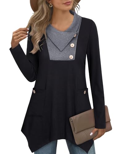 Siddhe Damen Pullover Lang Tunika Damen Elegant Longpullover mit Reverskragen Tasche Tunika Damen Langarmshirts für Freizeit Farbblock Sweatshirt für Herbst Winter, Schwarz & Grau M von Siddhe