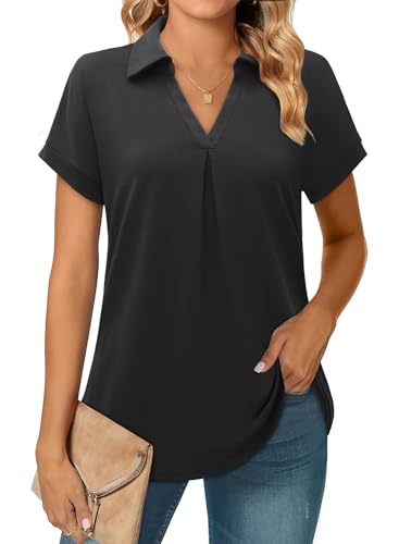 Siddhe Damen T-Shirts Damen Kurzarm Shirts Elegant Sommer Tunika V-Ausschnitt Tops für Frauen Locker A-Linie Bluseshirts Longtunika für Leggings Business Basic Oberteile, Schwarz XL von Siddhe