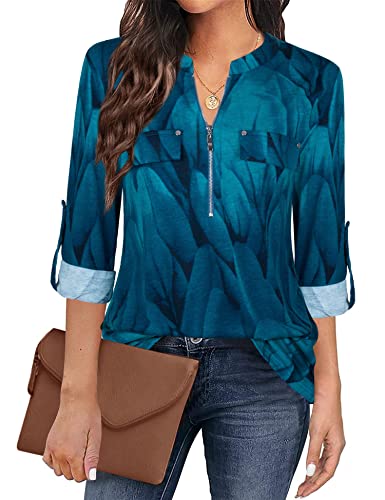 Siddhe Damen V-Ausschnitt Bluse Schicke Festliche Reißverschluss T-Shirt Oberteile 3/4 Ärmel Tunika Arbeit Hemd Longbluse A-Linie Tops Elegant Casual Business Shirt Langarmshirts Pfauenblau, XL von Siddhe