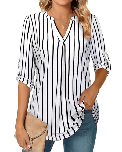 Siddhe Damenbluse Elegant Festlich Blusen Damen 3/4 Arm Tunika Damen Lang Frühling Sommer Longbluse Oberteile Frauen Langshirt Schick Shirts 2023 Modern Schöne Blusen mit Muster, Weiß Streifen XXL von Siddhe