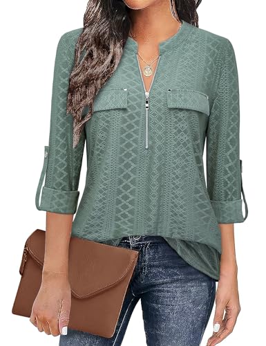 Siddhe Damenmode Bluse 3/4 Ärmel Damen Oberteile Tunika Damen Große Größen Tops Arbeit Hemd Longshirt Reißverschluss A-Linie T-Shirt Elegant Business Damenblusen Grün Hohler Shirt, 2XL von Siddhe