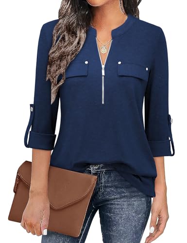 Siddhe Damenmode Bluse 3/4 Ärmel Damen Oberteile Tunika Damen Große Größen Tops Arbeit Hemd Longshirt Reißverschluss A-Linie T-Shirt Elegant Business Damenblusen Marineblau Shirt, 2XL von Siddhe