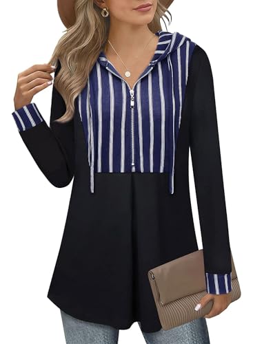 Siddhe Hoodie Damen Pullover Elegant Longpullover Tunika Langarm Kapuzenpullover Oberteile Pulli Longshirt Lässig A-Linie Locker Lang Sweatshirt Bluse, Gestreift Blau XL von Siddhe