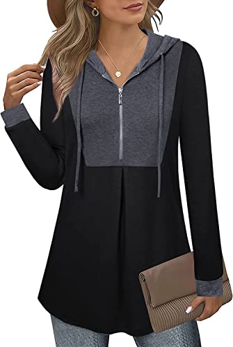 Siddhe Hoodie Damen Pullover Farbblock Tunika Langarm Bluse Kapuzenpullover Oberteile Pulli mit Kapuzen und 1/4 Zip Longshirt Reißverschluss Sweatshirt A-Linie Locker Lang Tops, Schwarz-Grau XXL von Siddhe