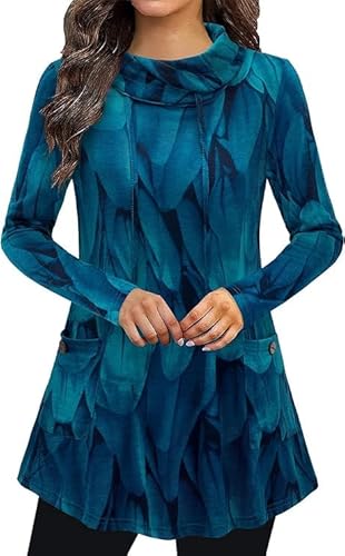 Siddhe Lang Tunika Damen Langarmshirts für Frauen Rollkragen Kapuzenpullover Strickkleid Longbluse Damen Elegant Festlich Winter Herbst Fashion 2022 Damen Hemdshirt,Pfauenblau X-Large von Siddhe