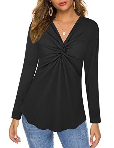 Siddhe Langarm V-Ausschnitt Elegant Lässige Lang Tunika Top Twist Knoten Shirt Damen Longbluse Frauen A-Linie Longoberteile Women Blouse Hemd Baumwolle Frühling Herbst Locker Strick, Schwarz XL von Siddhe