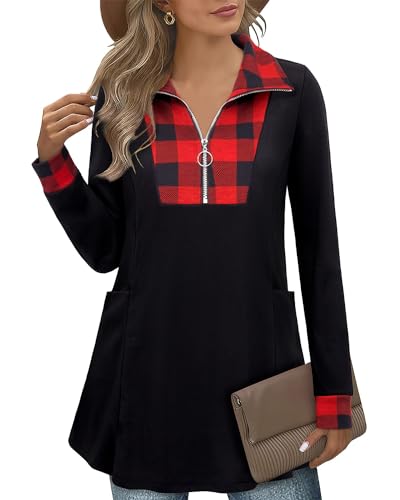 Siddhe Langarmshirt Damen Herbst Winter Longshirt Zip Up Elegant Blusen Langarm Tunika Bluseshirt Damen Sweatshirt Pulli Farbblock Longshirt Lang Tunika Tops, Rot Kariert Weihnachtszeit Oberteile, L von Siddhe