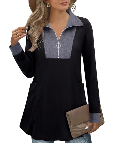 Siddhe Long Pullover Damen Elegant Zip Up Pullover Tunika Langarm Oberteile Pulli Schwarz Lässig Longshirt Tops A-Linie Locker Lang Sweatshirt Herbst Winter Tunika, M von Siddhe