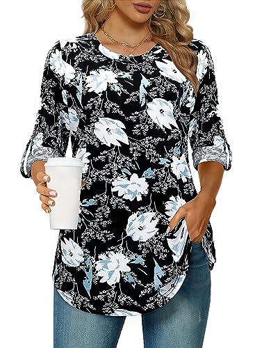 Siddhe Oberteile Damen Elegant Bluse Damen Schwarzes Rundhalsausschnitt Hemd Mittlere Blusenshirt Casual Tunika Damen Frühling Festliche Longshirt Hemd Lässig Bluse Herbst, M von Siddhe