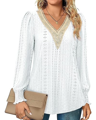 Siddhe Oberteile Damen Elegant Weiß Bluse Spitze V-Ausschnitt Hemd Mittlere Tops Casual Langarm Tunika Herbst Winter Festliche Longbluse Blusenshirt Lässig, M von Siddhe