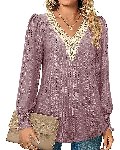 Siddhe Oberteile Damen Longbluse Große Größen Locker V-Ausschnitt Tunika Damen Langarm Blusenshirt Modern Herbst Blusen Elegante Oversize Spitze Bluse Damen Oberteile Lang Tops Longshirt, Rosa 2XL von Siddhe