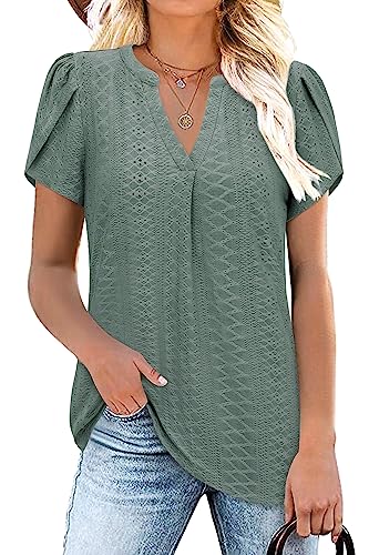 Siddhe Oberteile Damen Sommer Elegant Bluse V Ausschnitt Festliche Damenmode T-Shirt Kurzarm Grün Shirts Baumwolle Modern Modisch Longbluse Tunika XXL von Siddhe