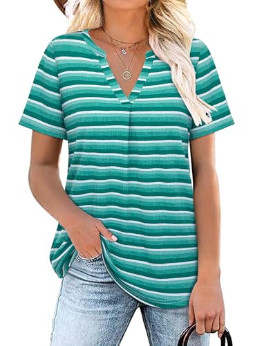 Siddhe Tunika Damen Kurzarm T-Shirt Gestreift Casual Bluse Festlich Party Longshirt Longbluse für Strand Lässig Oberteile, Grün Streifen L von Siddhe