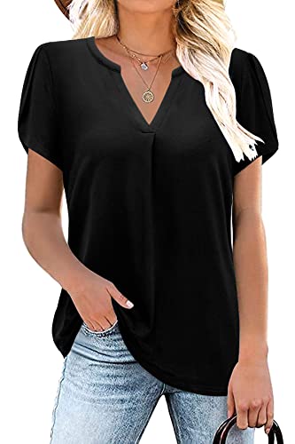Siddhe Schwarz Damen Tops V-Ausschnitt T-Shirt Blütenblatt Ärmel Sommer Causal Kurzarm Bluseshirt Longbluse Business Outfits Baumwolle Basic Oberteile Große Größe von Siddhe