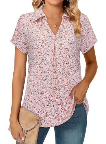 Siddhe Sommer Tunika Damen Bluse Elegante Festlich Modern Blumen Longbluse Kurzarm Tunika Shirt V-Ausschnitt Blusenshirt Damen Sommerblusen Leicht Elegant Blusen Business Leger Locker Oberteile, XL von Siddhe