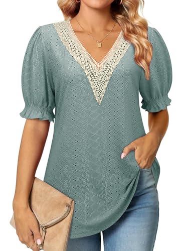 Siddhe Damen Bluse Elegant Longshirt V-Ausschnitt Tunika Lässige Oberteile Long Pullover Puffärmel Spitzen Blusenshirt Tops, Kurazrm Grün L von Siddhe
