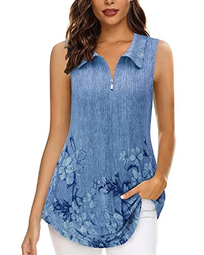 Siddhe Sommerblusen Damen, Damen Sommer Bluse mit Ärmellos Leicht Festlich Elegante Tunika Damen Longshirt Elegant V-Ausschnitt Hemdbluse Damen Baumwolle Blusenshirt, Blau Blumen Große Größe von Siddhe