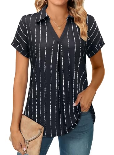 Siddhe Sommer Tunika Damen, Elegante T Shirt V-Ausschnitt Kurzarm mit Weiß Streifen, Lose Lässige Longshirt Bluse für Strand Basic Business Longbluse Oberteil, Schwarz Gestreift L von Siddhe
