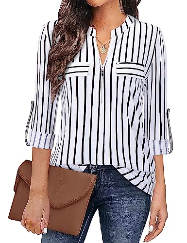 Siddhe V-Ausschnitt Bluse 3/4 Ärmel Damen Oberteile Casual Tunika Tops Arbeit Hemd Longshirt Reißverschluss A-Linie T-Shirt Elegant Business Damenblusen Weiß Streifen, XXL von Siddhe