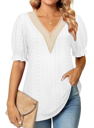 Siddhe Weiß Kurzarm Bluse Damen Elegant Sommer Festliche Oberteile Damen Leicht Blusenshirt Spitze Modern Elegante Tops Blusenshirt Oversize Casual Blusen Tunika Damen Lässig T-Shirt, XL von Siddhe