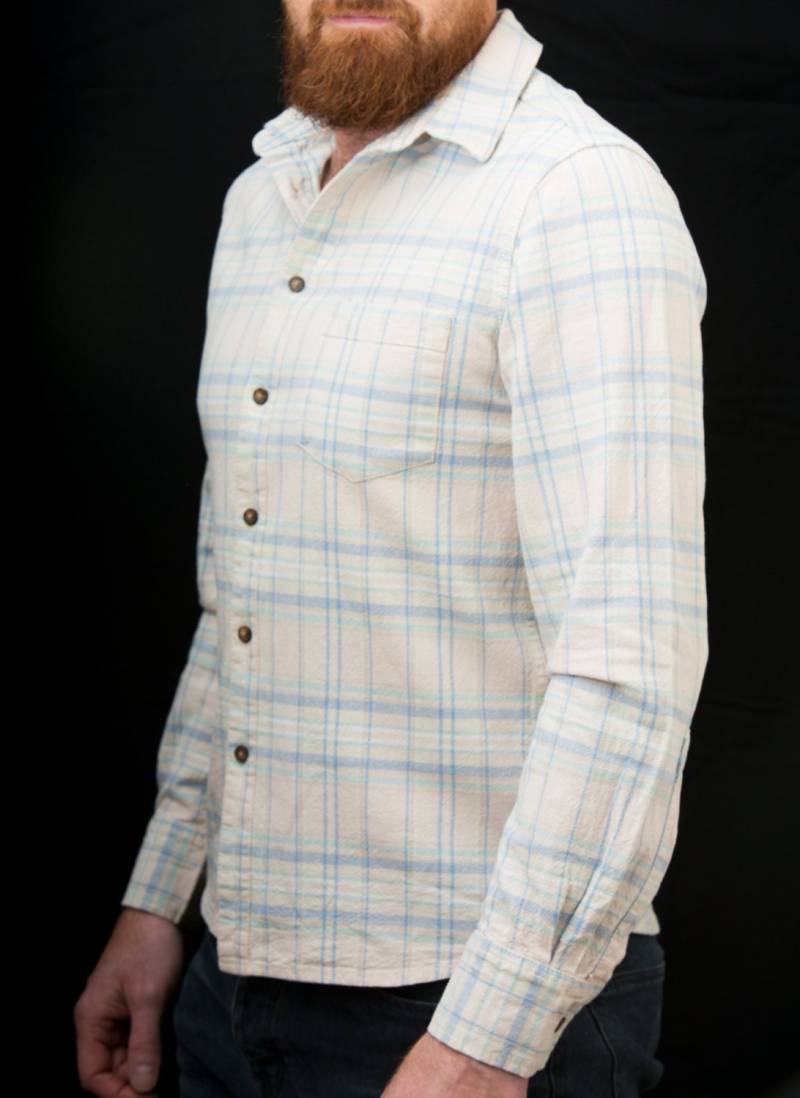 Herren Mittlere Leinen/Baumwolle Mischung Shirt-Pastell Grün Und Blau Auf Creme Mit Einem Leichten Pfirsich Rosa Muskelaufbau Herren Mittlere Leinen/Baumwolle Mischung Shirt-Pastell Grün Und Blau Auf Creme Mit Einem Leichten Pfirsich Rosa Muskelaufbau von SideCycler