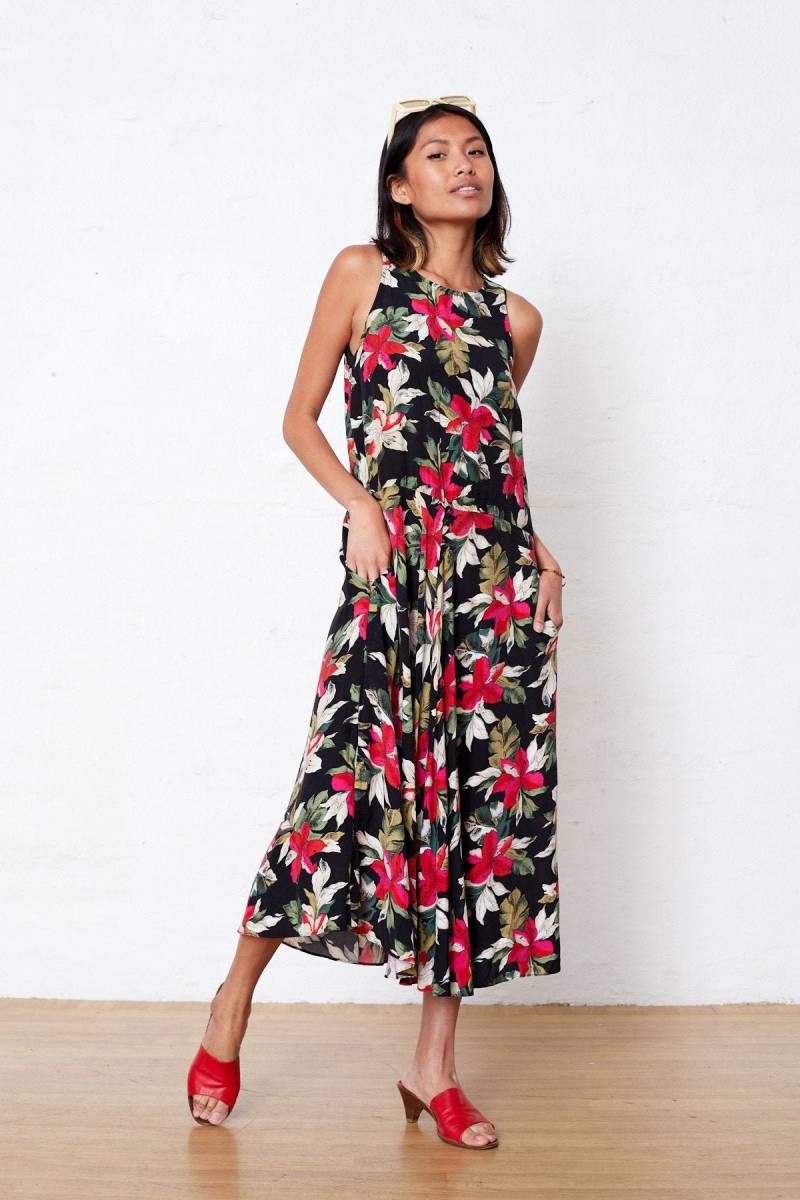 Vintage Floral 90Er Jahre Halter Neck Kleid Small Medium, Schwarz A-Linie Flare Sommerkleid, Midi von SidelineParadise